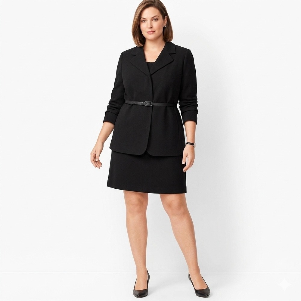 Talbots Woman 100% Wool Black Belted Skirt Suit 22W Lined Office Interview